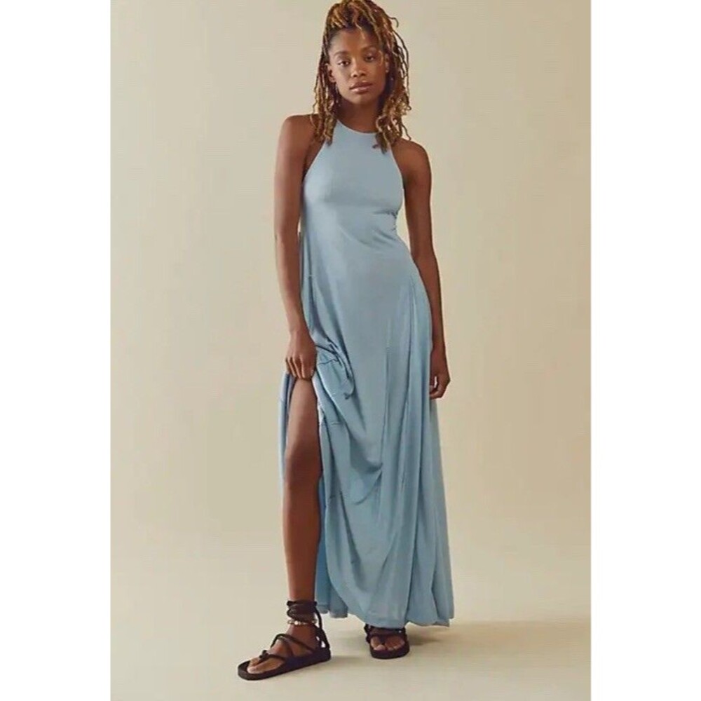 Free People Beach XL August Nights Maxi Dress Blue Tank Linen Blend A-line